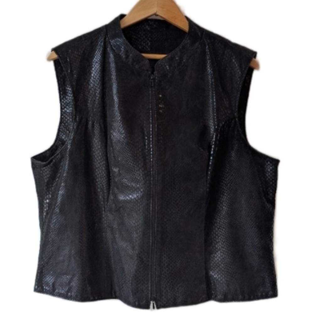 Vintage Leather Suede Vest Biker Snakeskin Zip-Up Vest Large